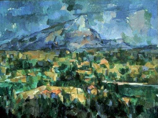 Die sinnesphysiologische Forschung hatte um 1900 herausgefunden, dass der perspektivisch-euklidische Raum keinesfalls mit der menschlichen Wahrnehmung übereinstimme. Cézannes brach daher mit der zentralperspektivischen Einansichtigkeit. Hier sein Bild "Mont Sainte-Victoire" von 1902-04.