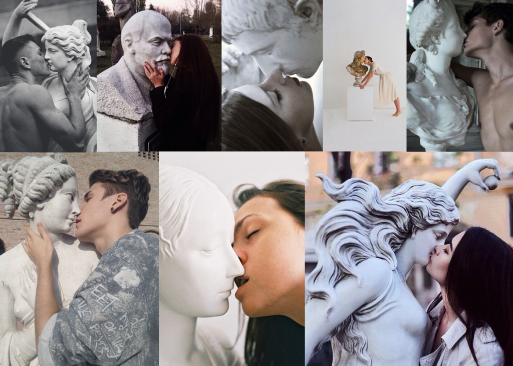 Innige Momente werden inszeniert: küssend mit Skulpturen.
